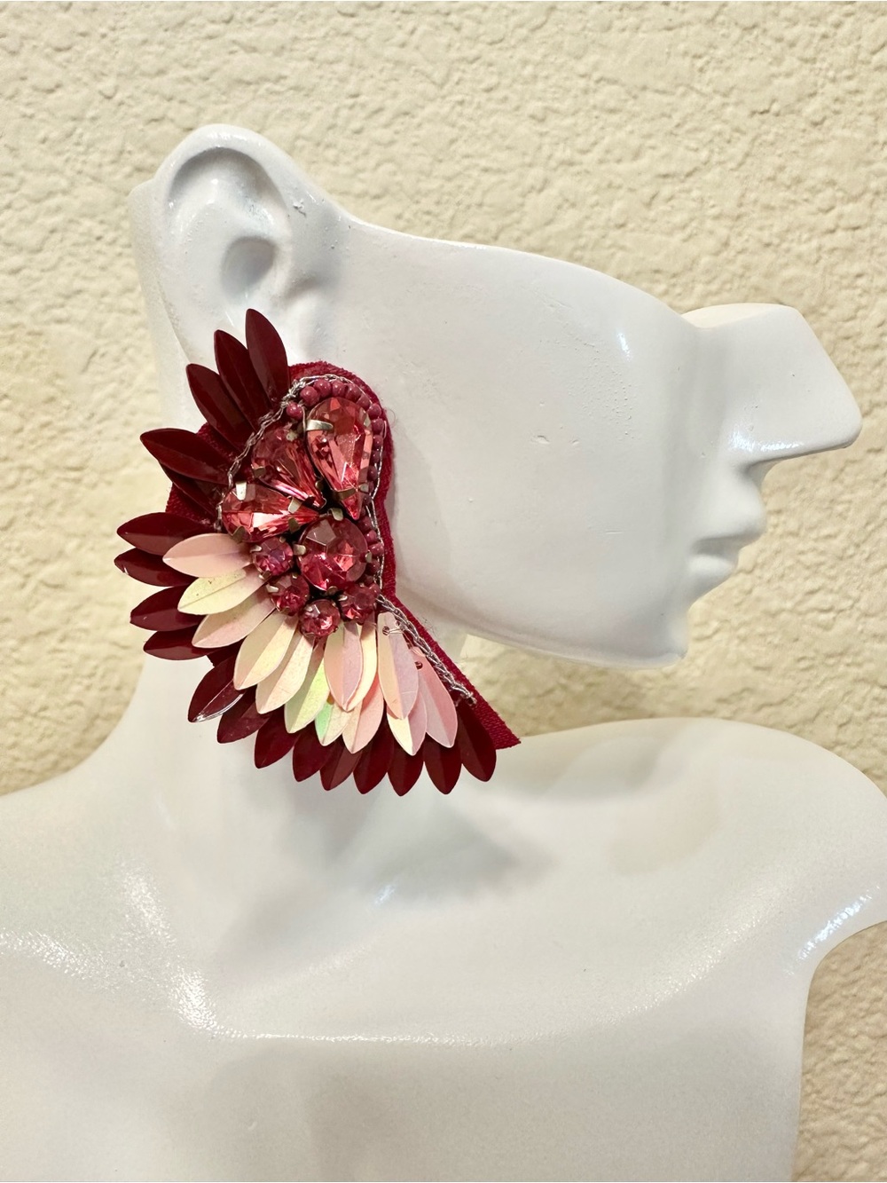 Pink and Maroon Beaded & Crystal Feather Earrings